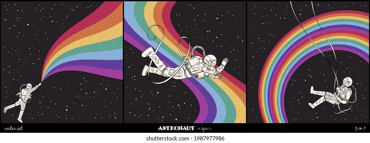 Flying astronaut in spacesuit. Cosmonaut on swing. Rainbow in space