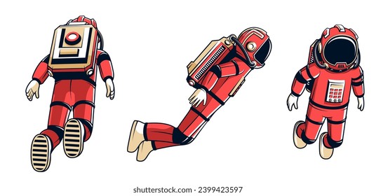 Flying astronaut in a spacesuit, rear, side, front view. Cosmonaut in outer space - vector illustration in comics style.