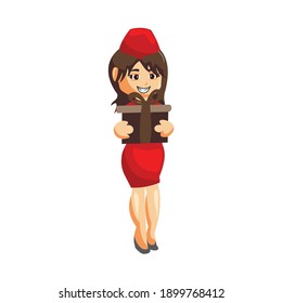 Flying Attendants Air Hostess Profession Stewardess Holding Gift Cartoon Character Illustration