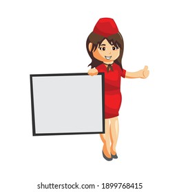 Flying attendants air hostess Profession stewardess with blank board cartoon character illustration 