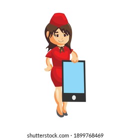 Operadores voladores azafata azafata azafatas de profesión Holding Teléfono caricatura ilustración de personaje