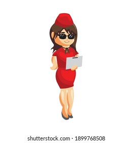 Flying attendants air hostess Profession stewardess Bring laptop Wear Glasses cartoon character illustration