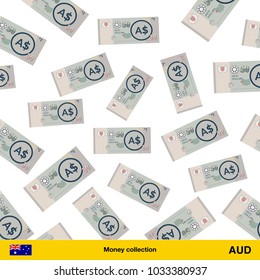 Flying Australian dollar banknotes. Money rain. Falling Australian dollar