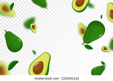 Flying avocado, seamless pattern background with whole and half of avocado fruit with kernels, with blurred effect. Realistic 3d vector illustration. Falling avocado isolated on transparent background