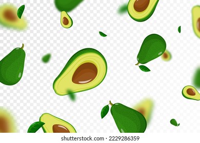 Flying avocado, seamless pattern background with whole and half of avocado fruit with kernels, with blurred effect. lat design vector illustration. Falling avocado isolated on transparent background