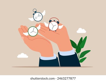 Flying away alarm clock and stop watch. Lack of time, countdown for work project deadline. Vector illustration.