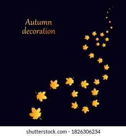 Flying away autumn maple leaves, dark background. Falling leaves, wind, yellow and red colors. Gold decoration, vector pattern for frame, postcard, banner, natural design.