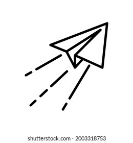 Flying away paper plane. Black vector outline pictogram isolated on white background.