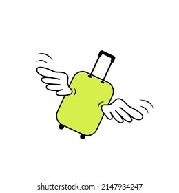 flying away, time to travel, vacation is coming, green suitcase with a white wings, flying baggage, airline sticker