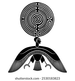 Flying Ba soul holding a round spiral maze or labyrinth symbol. Ancient Egyptian mythology. Fantastic winged man. Bird with human head. Black and white silhouette.