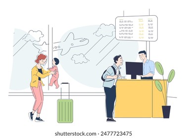 Flying with baby concept. Woman with toddler in hands and green luggage. Flight and travel, international tourism. Mother with newborn son in airport. Linear flat vector illustration