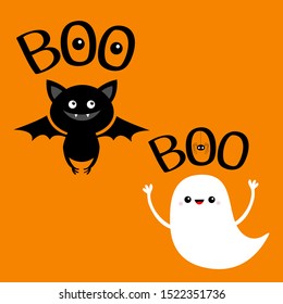 Flying baby ghost spirit. Bat. Boo text with hanging spider, eyes. Happy Halloween. Cute cartoon white scary spooky character. Smiling face, hands. Orange background. Greeting card. Flat design Vector