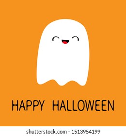 Flying baby ghost spirit. Boo. Happy Halloween. Cute cartoon white scary spooky character. Smiling face, hands. Orange background Greeting card. Flat design. Vector illustration
