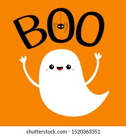 Flying baby ghost spirit. Boo text with hanging spider. Happy Halloween. Cute cartoon white scary spooky character. Smiling face, hands. Orange background Greeting card Flat design Vector illustration
