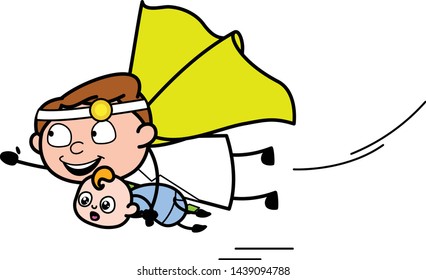 Flying with Baby - Professional Cartoon Doctor Vector Illustration