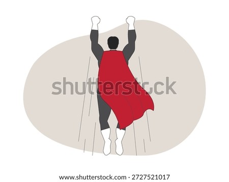 Flying back view of hero, superhuman cartoon vector illustration.