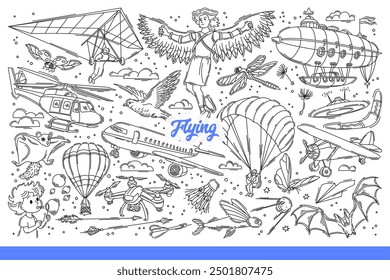 Flying background with airplanes and helicopter or hang glider moving in sky, near bat or quadcopter. Flying elements symbolizing freedom and readiness for travel and long flights. Hand drawn doodle