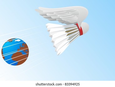 Flying badminton shuttlecock with abstract wings against the background of the Earth