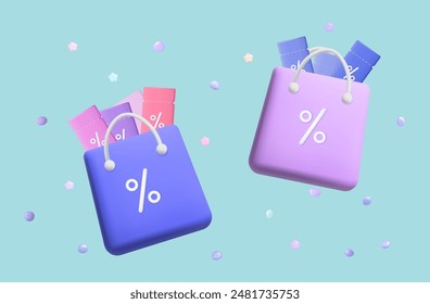 Flying bag with coupons. Delivery of promotional offer, low interest rates. Vouchers with profitable bonuses, gift coupons in a shopping bag. Online shipping, sale with discounts. Low interest. Vector