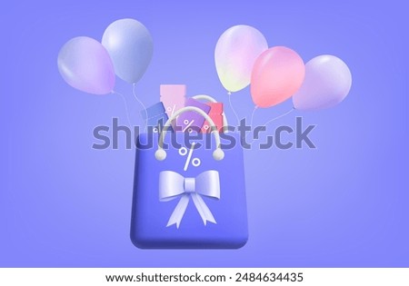 Flying bag icon 3d. Coupons and vouchers with balloons are flying up. Delivery of promotional offer, low interest rates. Vouchers, profitable bonuses, gift coupons in a shopping bag. Vector.