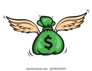 Flying bag of money concept design. money bag with wings cartoon illustration.