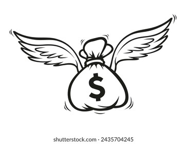 Flying Bag of Money icon Design. money bag icon with wings cartoon illustration.