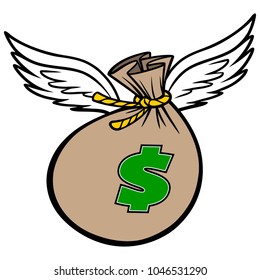 Flying Bag Of Money - A Vector Cartoon Illustration Of A Flying Bag Of Money Concept.