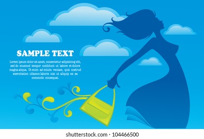 flying bag, vector summer background with image of girl, sky and her favorite bag