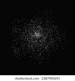 Flying baking flour on dark. Salt crystals top view. Scratter brush. Abstract explosion of particles. Falling white dust isolated on black background.