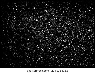 Flying baking powder backdrop. Black background with detailed white particles. Crushed pieces of chalk on dark. Top view of sugar powder.