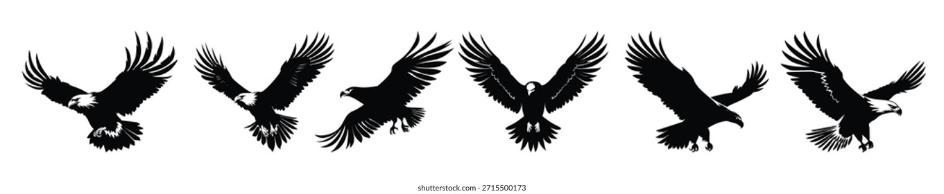 flying bald eagle black silhouette set bald eagle