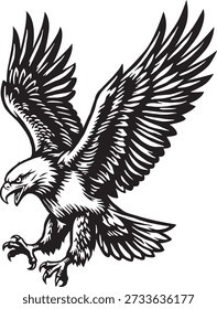 Flying Bald Eagle Black and White Vector Illustration