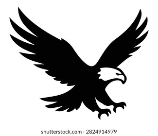 Flying bald eagle black and white silhouette icon with silhouette predator american wildlife illustration strength isolated majestic creature birdofprey aerodynamic