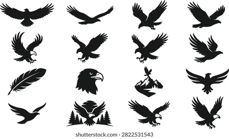 Flying Bald Eagle Silhouette Icon Pack with Soaring Hawks Falcon Mascots Mountain Landscapes and Feathers for Patriotic Wildlife Brand Logo Designs