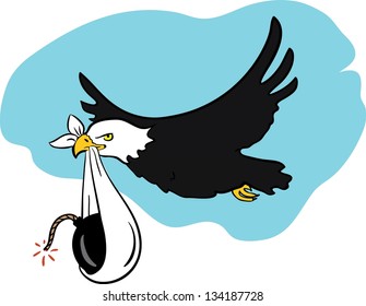 Flying bald eagle that brings a baby bomb