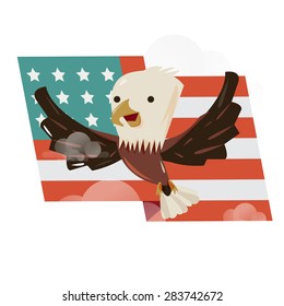 flying bald eagle with US flag behind. character design - vector illustration