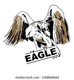 The flying bald eagle. Vector emblem isolated on white background. Template. Close-up. Clip art. Hand Painting. Ink. Line art, black and white.  Labels for mascot or logo design Line art.