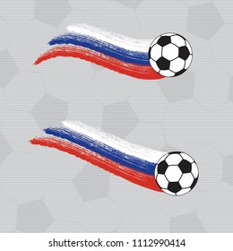 Flying Ball for Football Game and Colored Paint Brush Trace Symbolic Icons Set Blank Template - Black Blue Red and White on Grey Soccer Ball Texture Background - Vector Contrast Graphic Design