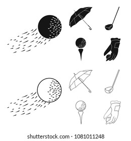 A flying ball, a yellow umbrella, a golf club, a ball on a stand. Golf Club set collection icons in black,outline style vector symbol stock illustration web.