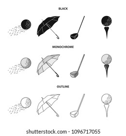 A flying ball, a yellow umbrella, a golf club, a ball on a stand. Golf Club set collection icons in black,monochrome,outline style vector symbol stock illustration web.