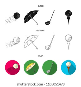 A flying ball, a yellow umbrella, a golf club, a ball on a stand. Golf Club set collection icons in black,flat,outline style vector symbol stock illustration web.