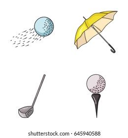 A flying ball, a yellow umbrella, a golf club, a ball on a stand. Golf Club set collection icons in cartoon style vector symbol stock illustration web.