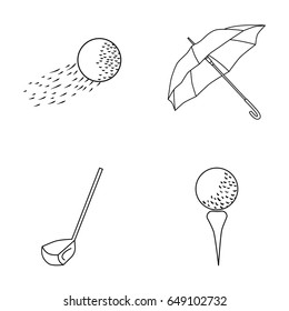 A flying ball, a yellow umbrella, a golf club, a ball on a stand. Golf Club set collection icons in outline style vector symbol stock illustration web.
