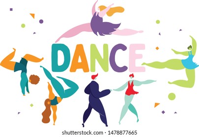 flying ballerina.Dancing man and woman people. salsa partners. Group of people doing dance isolated on white background.Colorful vector illustration in flat cartoon style. - vector