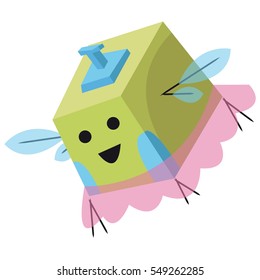 Flying ballet fantasy alien monster cube with blue fragile wings and pink tutus ballet skirt - future robotic green cute creature, mascot, game character hero - 3D box