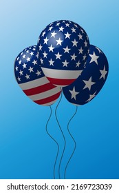 Flying balloon with American flag pattern in blue background.