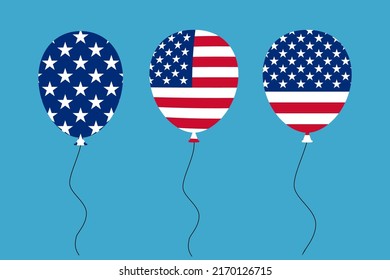 Flying balloon with American flag pattern in blue background.