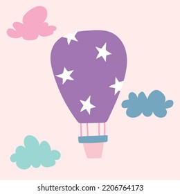 Flying Balloon With A Basket. Children's Drawing Of A Ball With A Basket Of Stars. Design Element For Baby Print, Stickers, Stickers, Book Illustrations, Packaging, Postcards, Prints