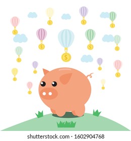 a lot of flying balloon coin falling down to pig saving cartoon vector