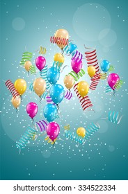 flying balloon and confetti on festive blue background